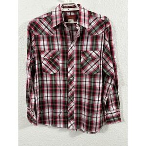 Rustler Shirt Mens Large Red Green Plaid Western Pearl Snap X-Long Tails